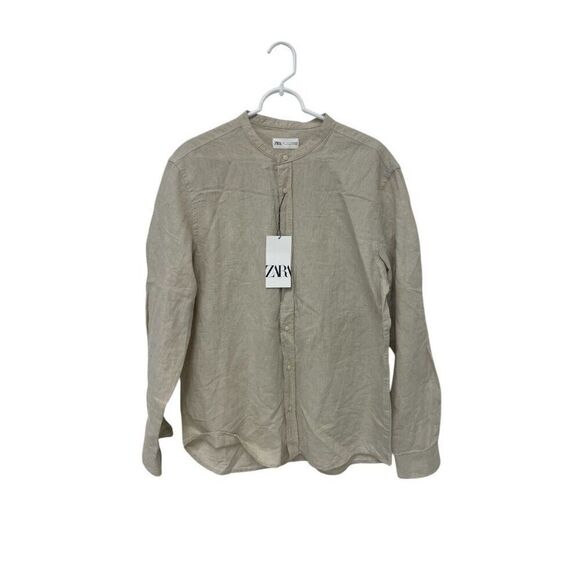 Zara Mens Button Up Shirt Blouse Size L Beige Linen Long Sleeve 1063/462 NWT - Picture 1 of 13